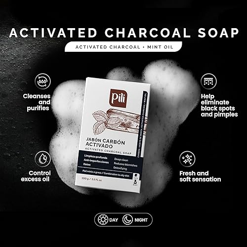Miniatura 5 de Pili Natural Barras de jabón de carbón activado con aceite de menta (paquete de 3). Barras de jabón desintoxicantes naturales para rostro y cuerpo.