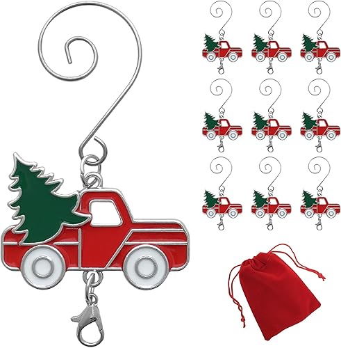 BANBERRY DESIGNS Red Truck - Gancho de adorno de Navidad y garra de langosta  Juego de 10  Camión rojo esmaltado con árbol verde y ruedas blancas