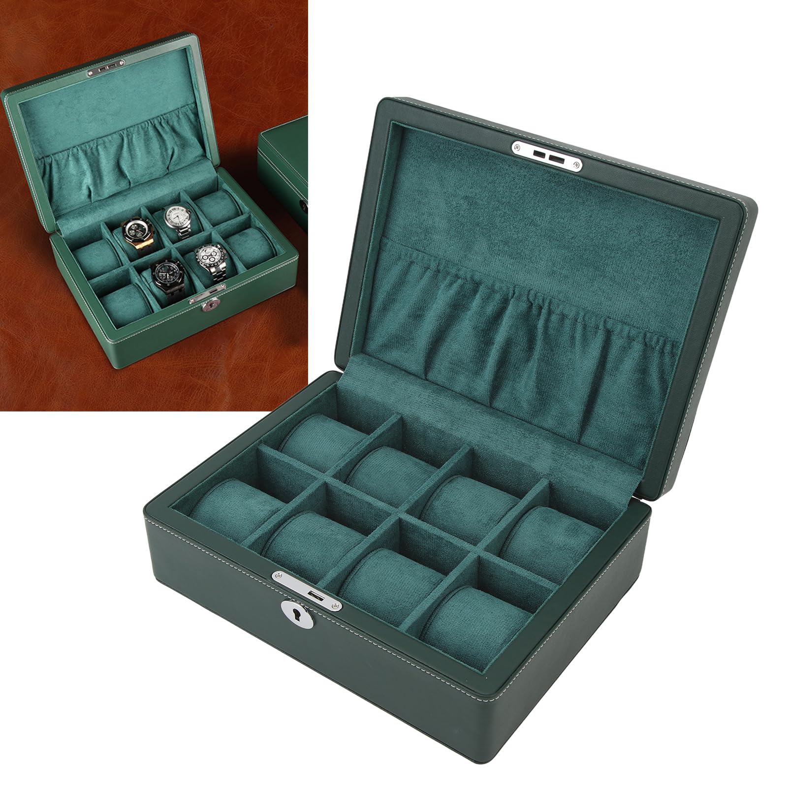 Scatola Porta Orologi da Uomo in Pelle Sintetica Verde Organizzatore di Lusso a 8 Slot con Coperchio in Vetro con Chiusura a Chiave Espositore Vassoio per Gioielli