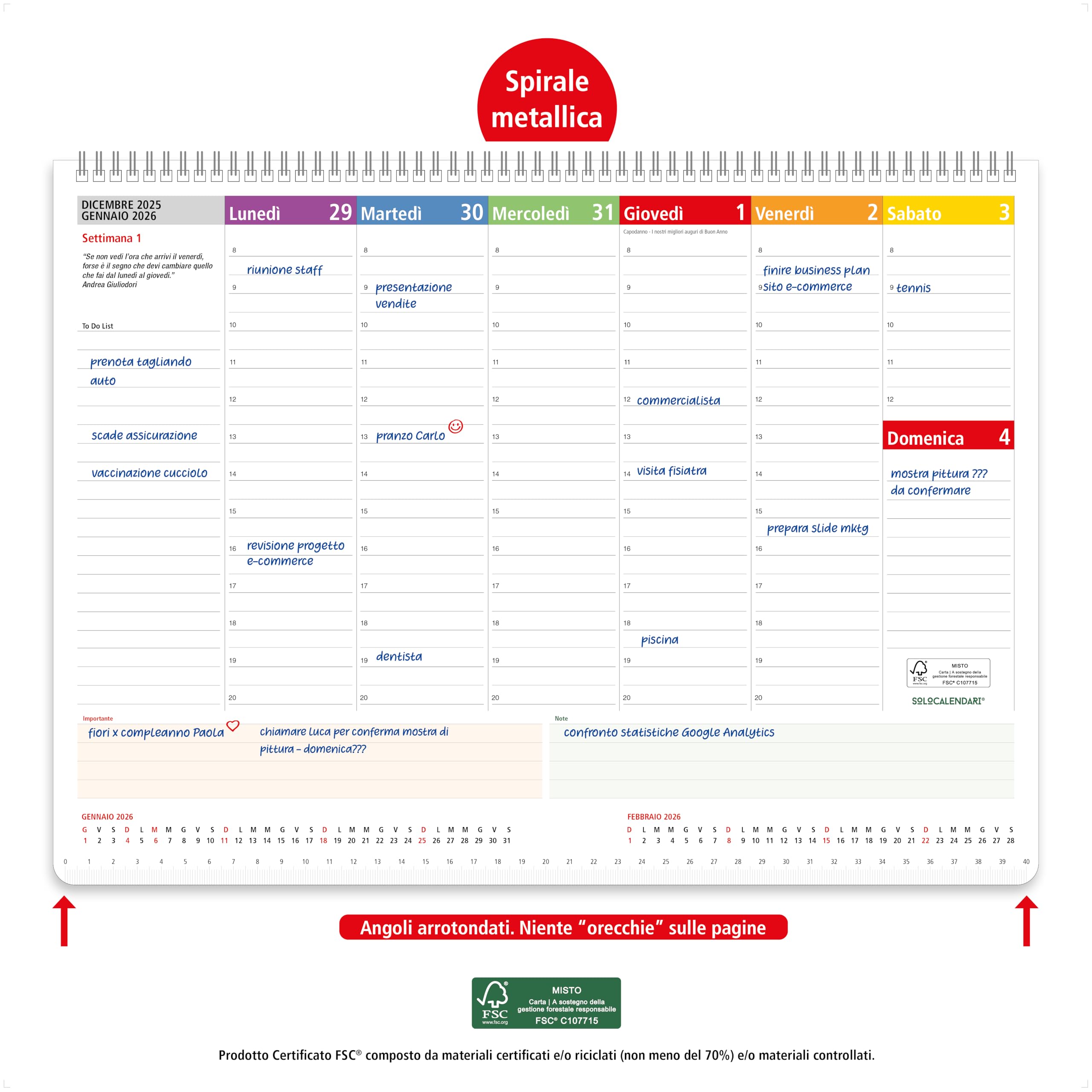 Planner 2026 Settimanale da Tavolo SPIRALATO con tutte le DATE 2026 STAMPATE in Carta ECOLOGICA Certificata FSC® Mix Credit - Planning 2026 perfetto per casa e ufficio con ANGOLI ANTIORECCHIE (30x42)