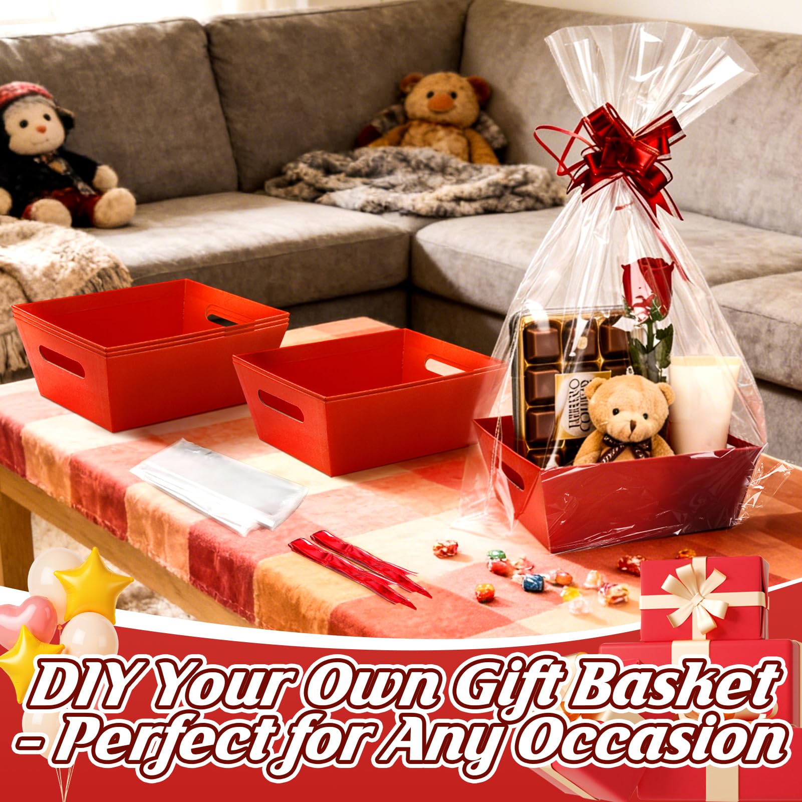 MADHOLLY Confezione da 6 cesti per regali vuoti, grandi e robusti, in carta kraft, con fiocchi e sacchetti regalo trasparenti, per Natale, matrimonio, compleanno, San Valentino, confezione regalo,