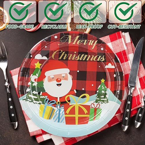 Miniatura 3 de DUOCUTE Platos de papel de Navidad, 40 unidades, 9 pulgadas y 7 pulgadas, platos de papel desechables a cuadros de Papá Noel para Navidad, cena,