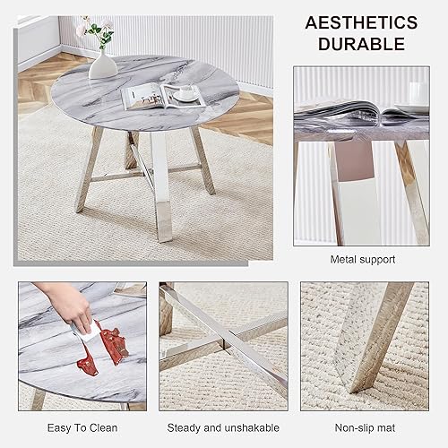 Miniatura 6 de Juego de 4 mesas de comedor redondas de 42 pulgadas para 4, juego de sillas de mesa de cocina modernas para 4 mesas de comedor de mármol sintético,