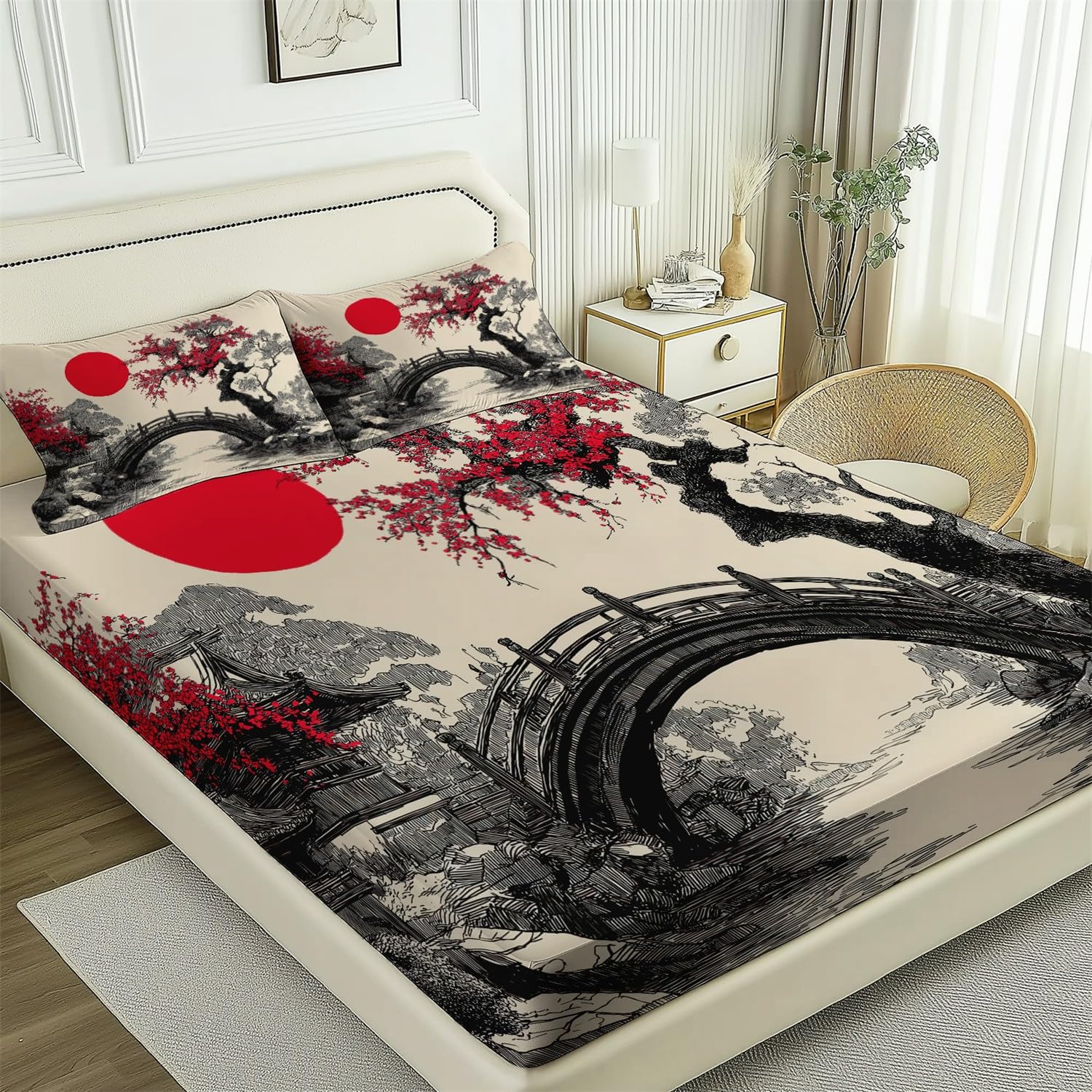 Spannbettlaken Schwarz Creme 140 x 200, Japanischer Stil Garten Brücke Spannbetttuch aus Mikrofaser, Extra Tiefe 30 cm, Weich Atmungsaktiv für Doppelbett