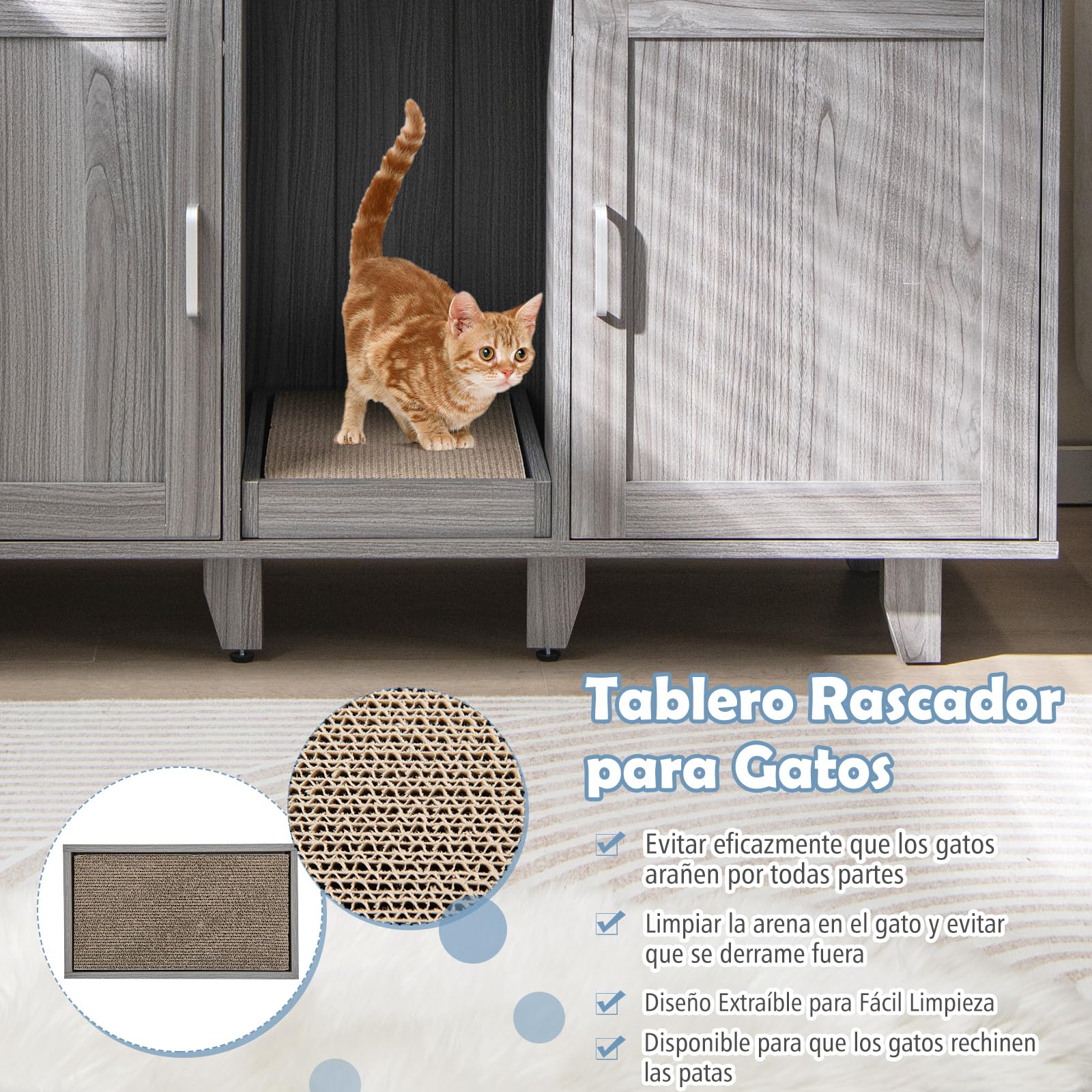 COSTWAY Cajas de Arena para Gatos, Casa de Baño Oculto para Mascota con 2 Puertas, Arenero Cubierto con Entrada Sinuosa y Tablero Rascador, Mesa Auxiliar para Gatos 120 x 52 x 65 cm (Gris Oscuro)