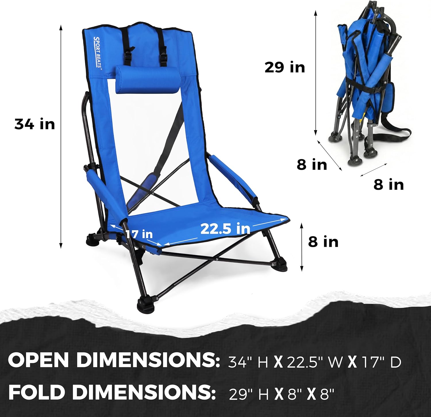 SPORT BEATS Low Beach Chairs Set of 2 Folding Beach Chairs High Back Support with Head Pillows Shoulder Straps - Image 3