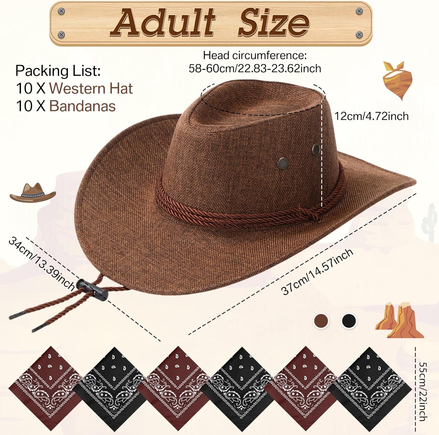 Coume 10 Set Cowboy Hat and Bandana for Women Men 10 Felt Cowgirl Cowboy Hat Bulk 10 Western Bandanas for Adult Costume Party - Image 3