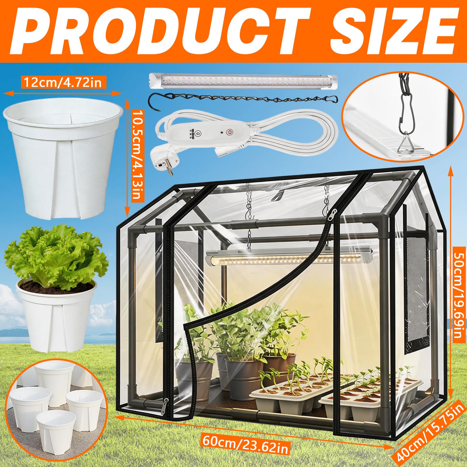 Kit di Piantagione, Serra da Balcone con 6 Piccoli Vasi da Fiori e Lampada per Piante Copertura PVC 60 x 40 x 50 cm Serra da Giardino Resistente Alle Intemperie Trasparente per Giardino Balcone