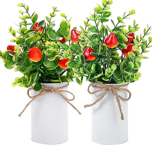 Omldggr Paquete de 2 piezas artificiales de fresa falsa decoración de fruta de fresa artificial con maceta de metal para decoración de primavera y