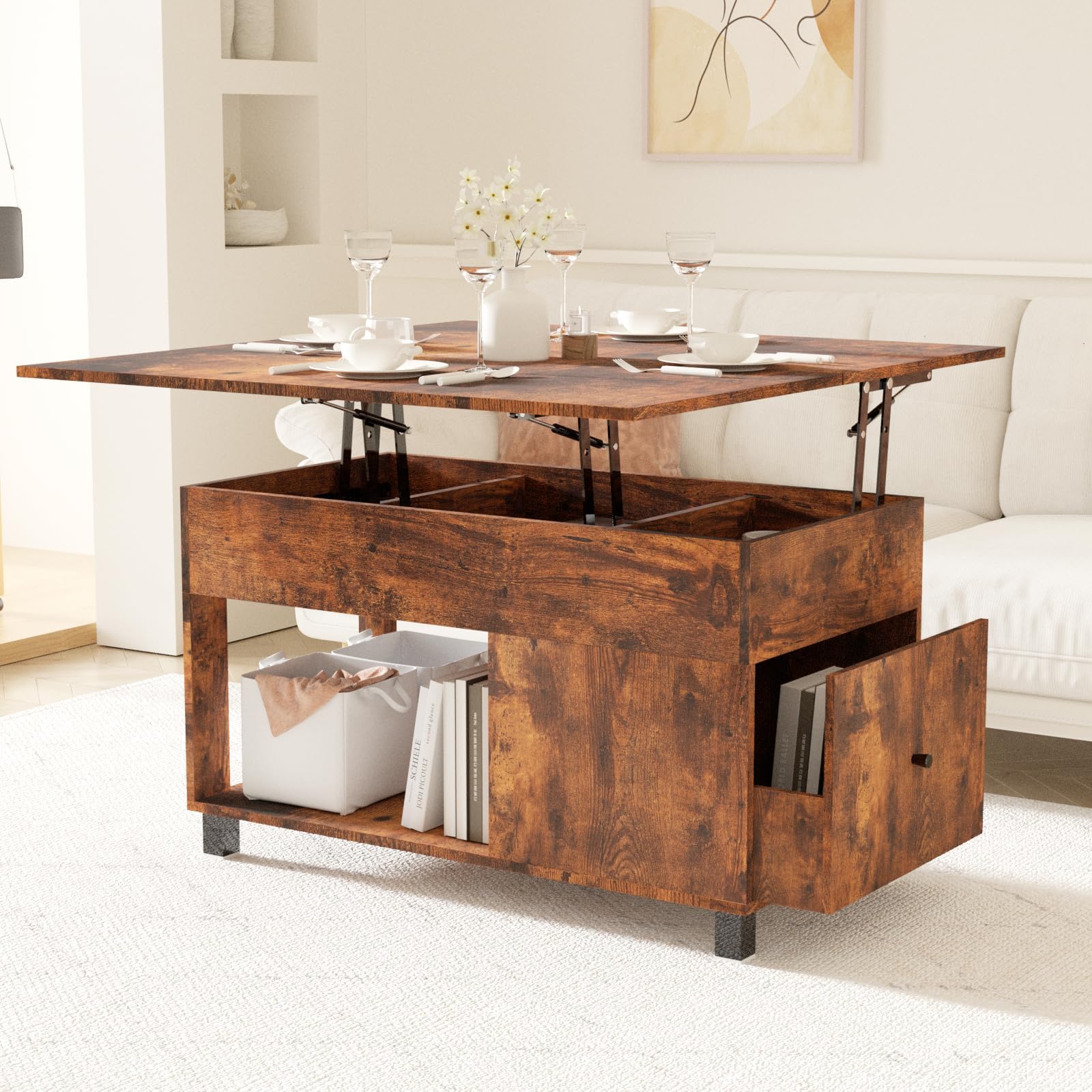 Msutree Couchtisch Höhenverstellbar Couchtisch Ausziehbar mit Lift top und Schubladen, Verstecktem Stauraum Sofatisch Beistelltisch für Wohnzimmer (01-Braun) Küche, Haushalt & Wohnen