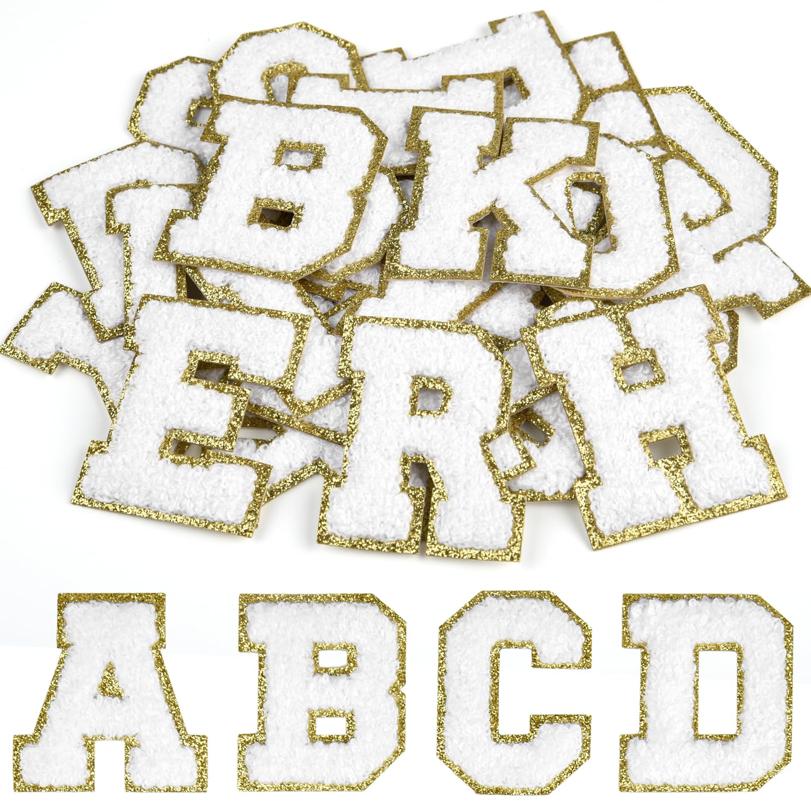 CHRORINE 26/52/104 Pcs Self Adhesive Chenille Letter Patches A-Z, Also Supports Sew or Iron on, Embroidered Alphabet Patches Stickers for DIY Clothing, Bags, Hats (26, White, Height 2.16″)