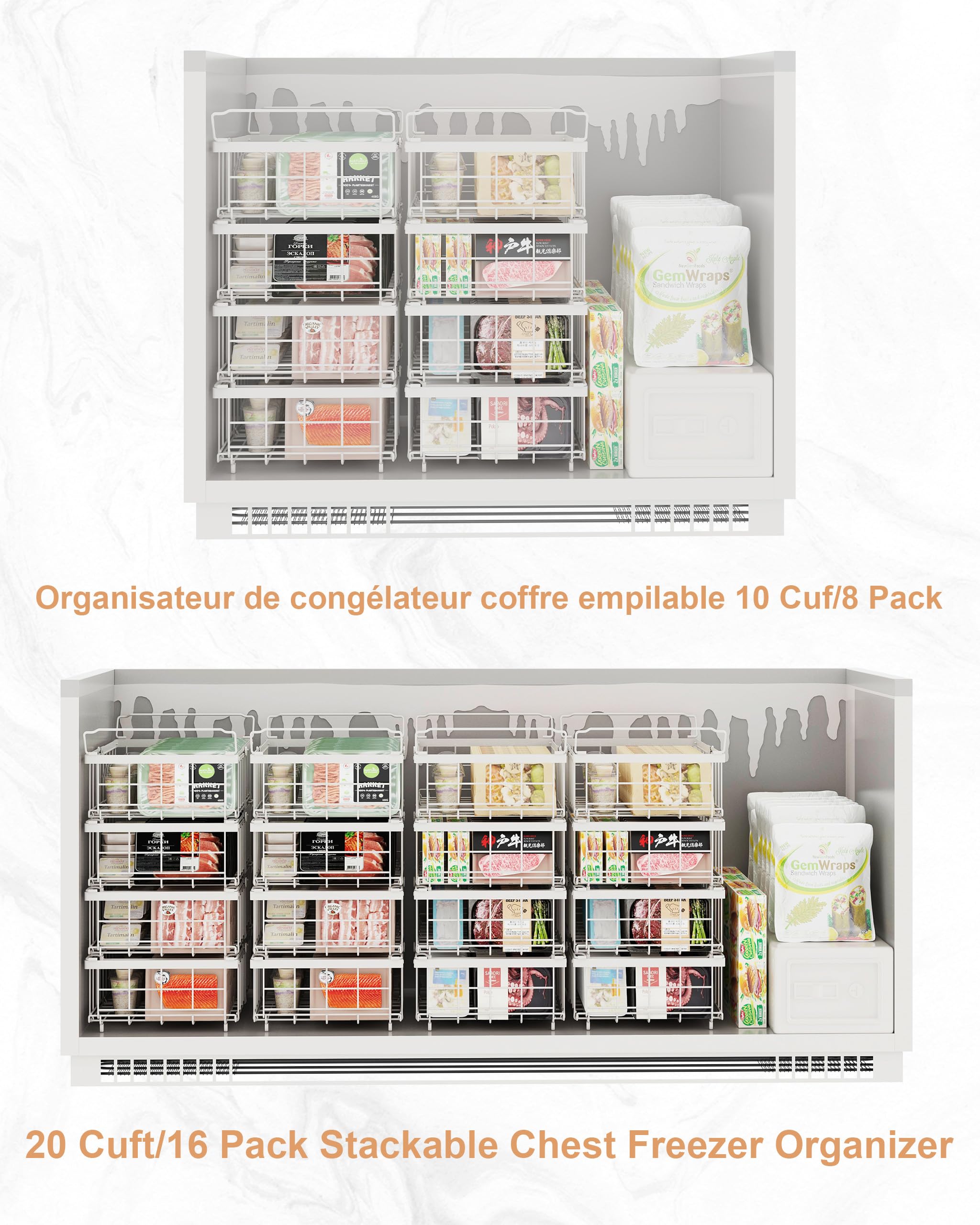 UMDONX Paniers de congélation Blanc- 2 paquets de paniers de congélation pour coffre for 283 à 566L congélateur - Organisateur de congélation empilable pour coffre,Longueur extensible(29-45x30x15cm)