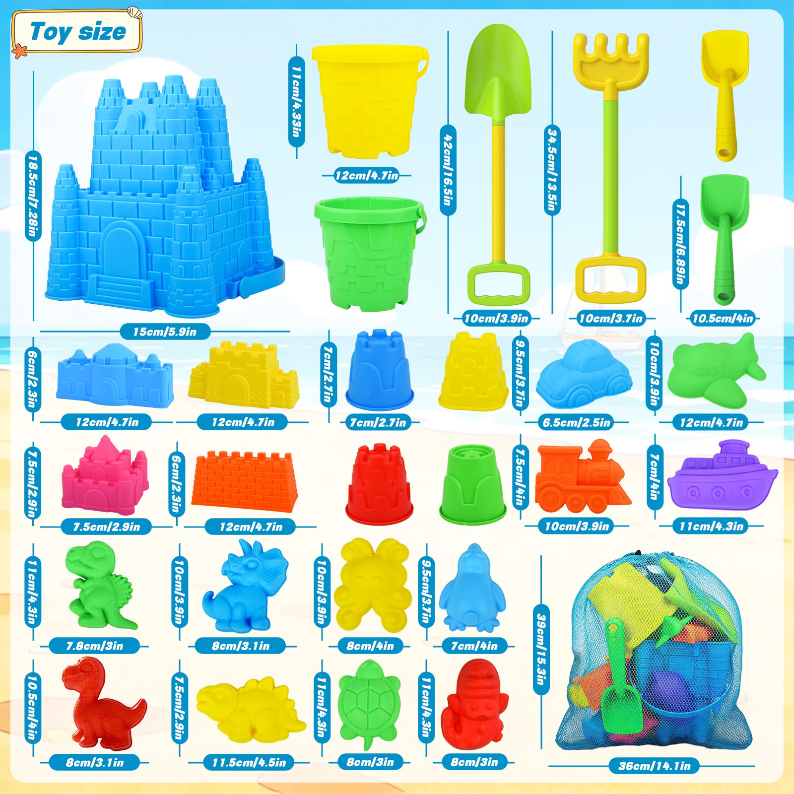 Beach Toys, Sandbox Toys 28Pcs Kids Sand Play Set, Giant Castle, Dinosaur Molds with Collapsible Buckets, Shovels & Rakes, Soft Plastic Summer Outdoor Travel Toys for Toddlers Boys Girls - 2