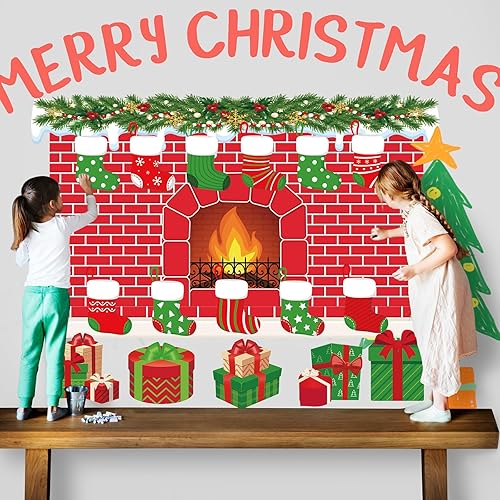 Miniatura 7 de 66 piezas de decoración de pared de Navidad con chimenea grande de temporada, decoración de tablón de anuncios de Navidad, diseño de fondo para el