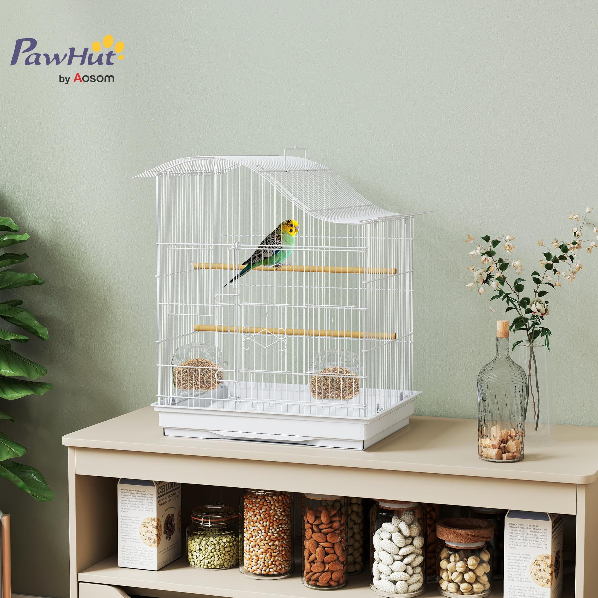 PawHut Gabbietta per Uccelli a 4 Ingressi con 2 Ciotole, 2 Posatoi e Vassoio Estraibile, Voliera in Metallo e Plastica, 47.5x36x54.5 cm, Bianco