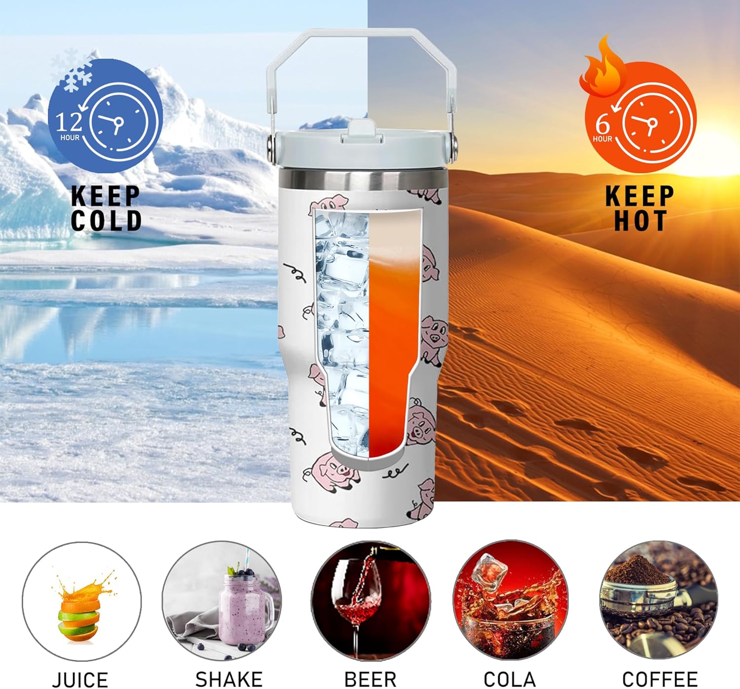 30 oz Cute Pig Tumbler with Handle and Flip Straw, Stainless Steel Insulated Cup with Lid and Straw,Travel Coffee Mug Water Bottle,Christmas Birthday Mothers Day Gifts for Women Animal Lovers - Image 3