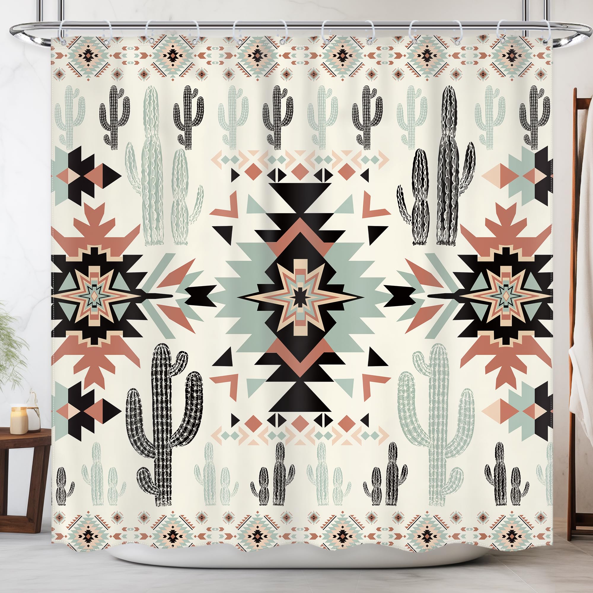 Newsely Western Aztec Cactus Shower Curtain 72Wx72H Inch Southwestern Boho Tribal Geometric Ethnic Shower Curtain Bathroom Set Native American