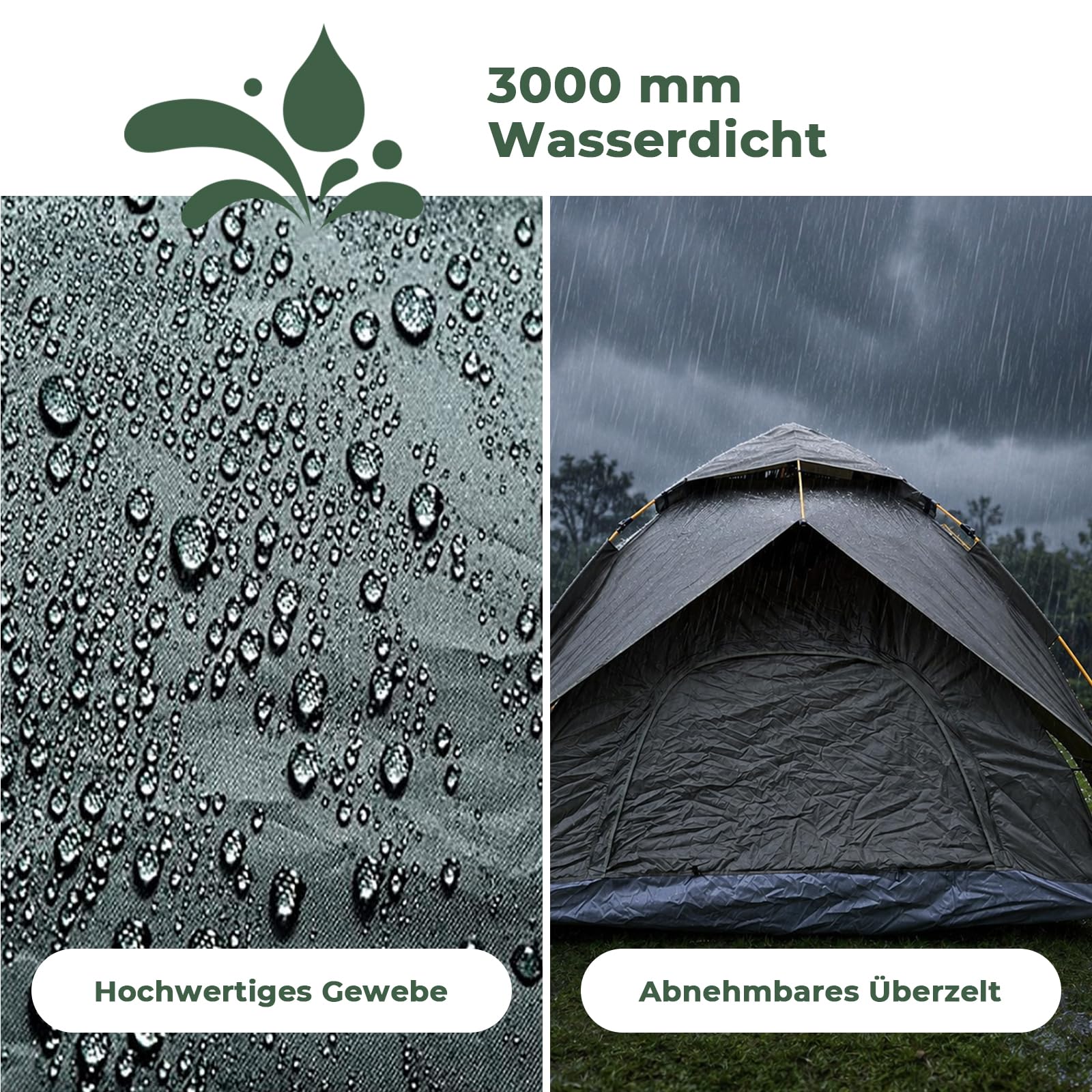 Pop Up Zelt 3-4 Personen, Automatisches Wurfzelt mit 3000mm Wasserdicht, Doppelwand Campingzelt für Festival, Trekking & Familie, Schnellaufbau in 40 Sek, 2 Türen, 2.3x2.3x1.2m, Grau