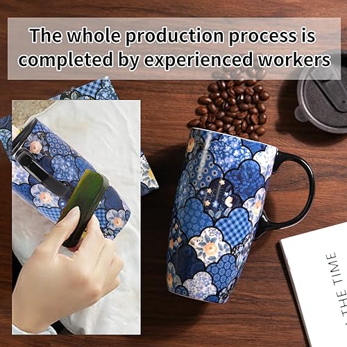 Miniatura 3 de Topadorn Taza de café de cerámica con tapa a prueba de derrames, taza de café para el hogar y la oficina con caja de regalo, color azul