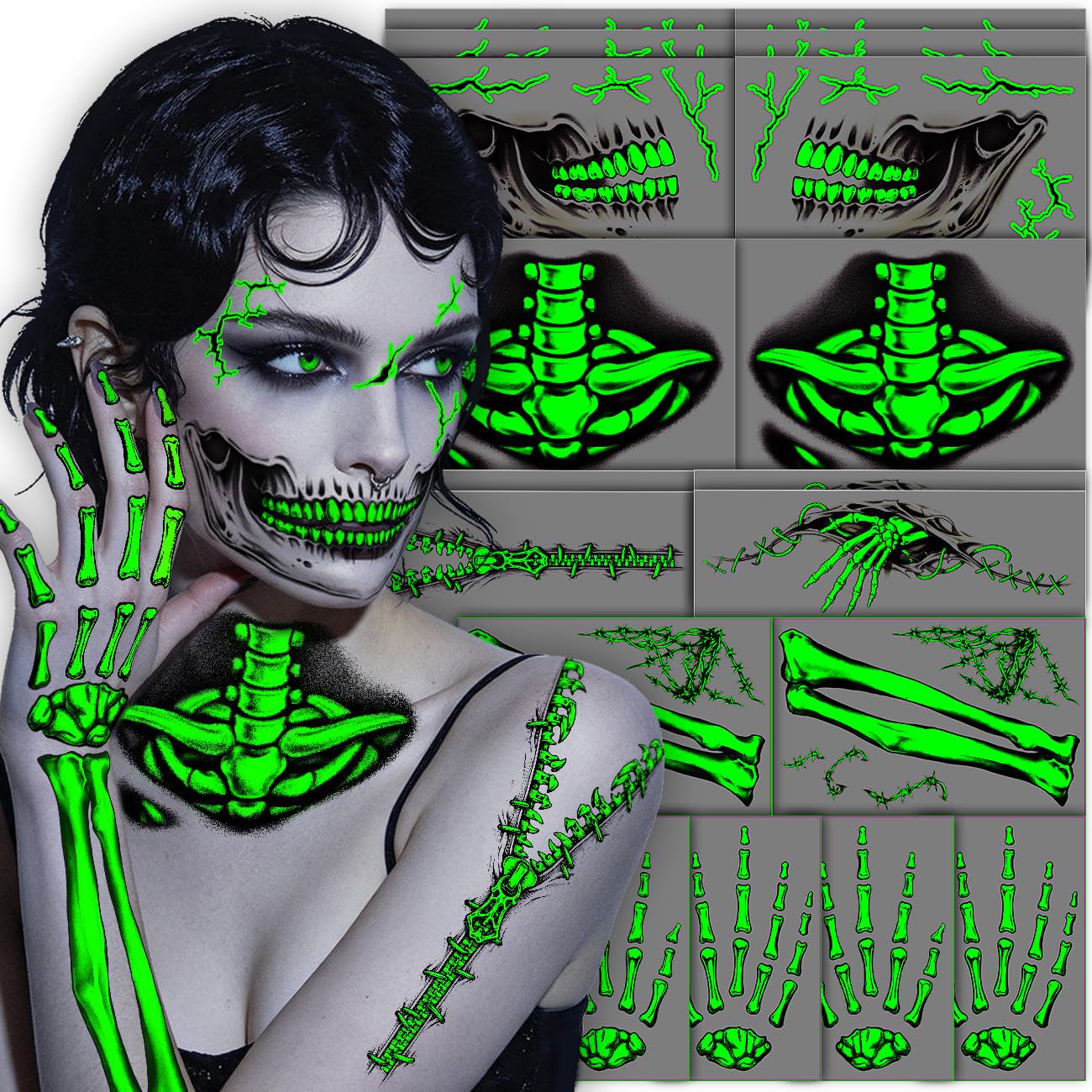 CHARLENT Glow in The Dark Skeleton Face Tattoos for Halloween Costume