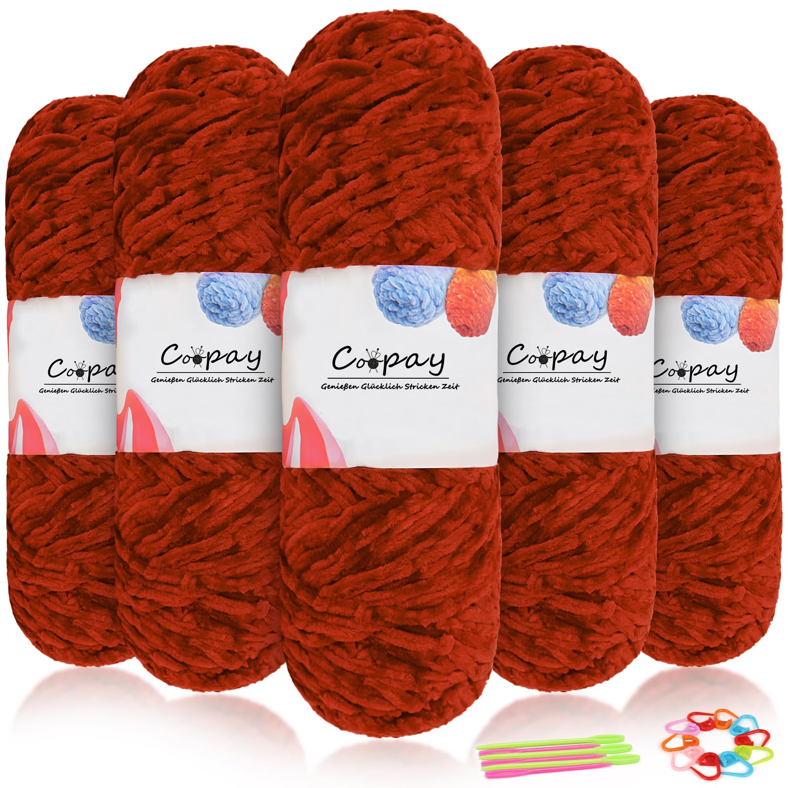 Coopay Samt Chenille Wolle zum Häkeln, 500g (5x100g) Velvet Chenillegarn, Dicke Wolle zum Stricken, Flauschige Weiche Samtig Chenillewolle mit Häkelzubehör für Schals, Decken - Rostrot