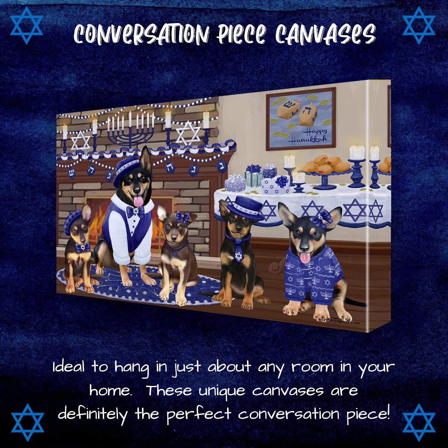 Doggie of the Day Hanukkah Family with Australian Kelpie Dogs Canvas Wall Art - Premium Quality Ready to Hang Room Decor - Flat Rolled 11" x 14"
