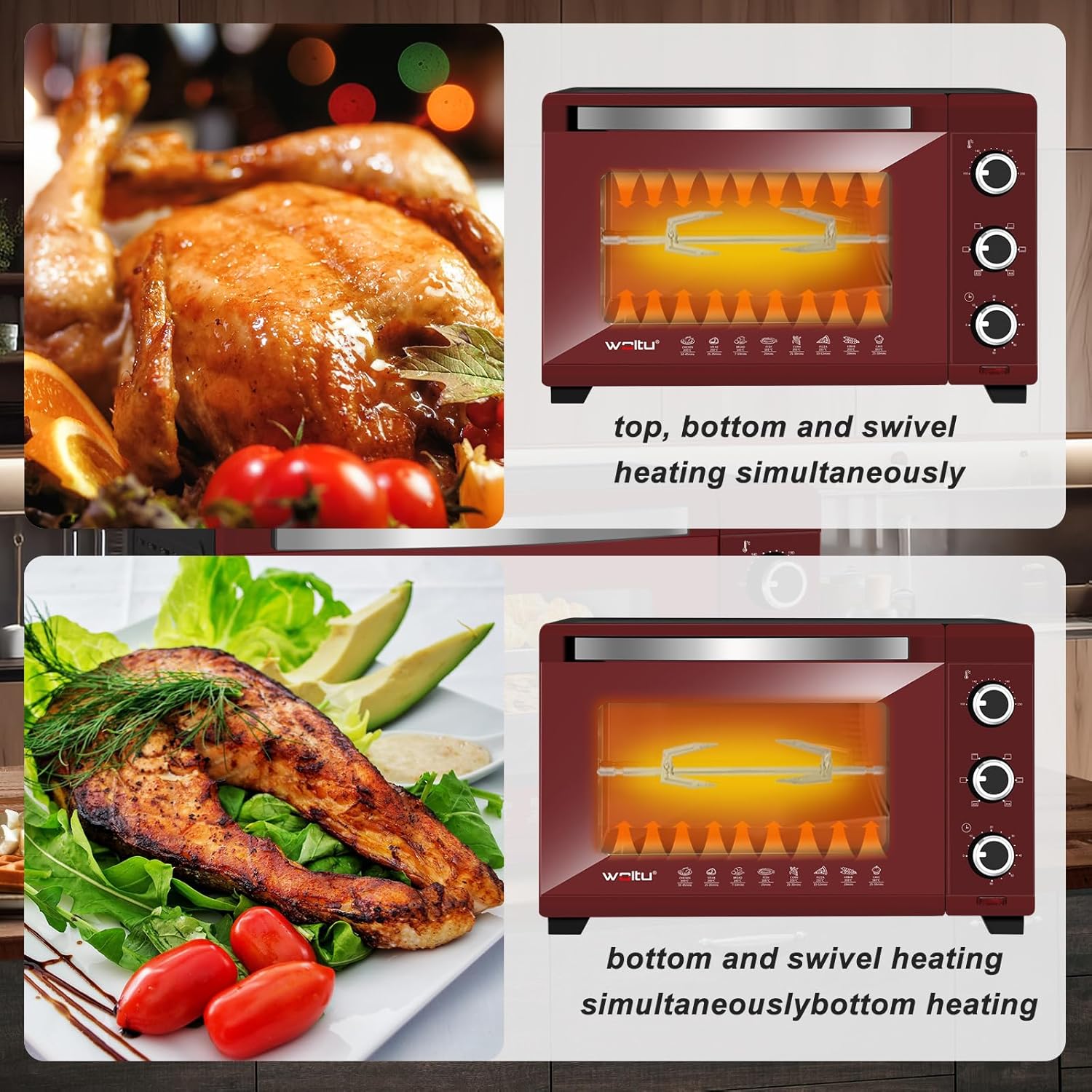 WOLTU Forno per Pizza da 32L, Forno Elettrico con Manopole, Fornetto Elettrico Piccolo con Girarrosto, Timer 60 minuti, Temperatura Regolabile 100-230℃, 1600W, Nero+Rosso