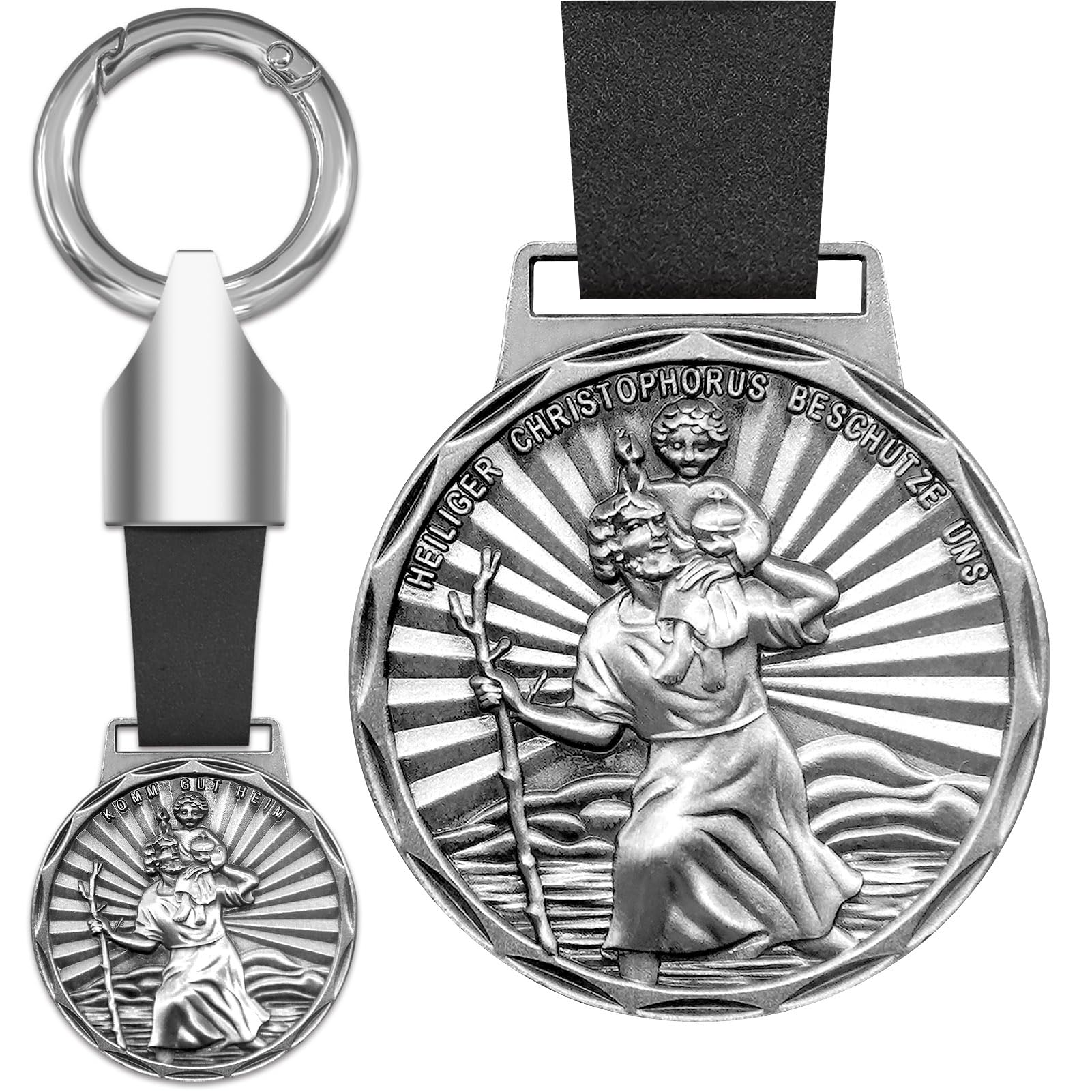 Anwlki Heiligen Christophorus Plaketten Leder Schlüsselanhänger Heiliger Christophorus Medaille Beschutze Uns Komm Gut Heim Auto Motorrad Autofahrer Schutzpatron Anhänger (Altes Silber)