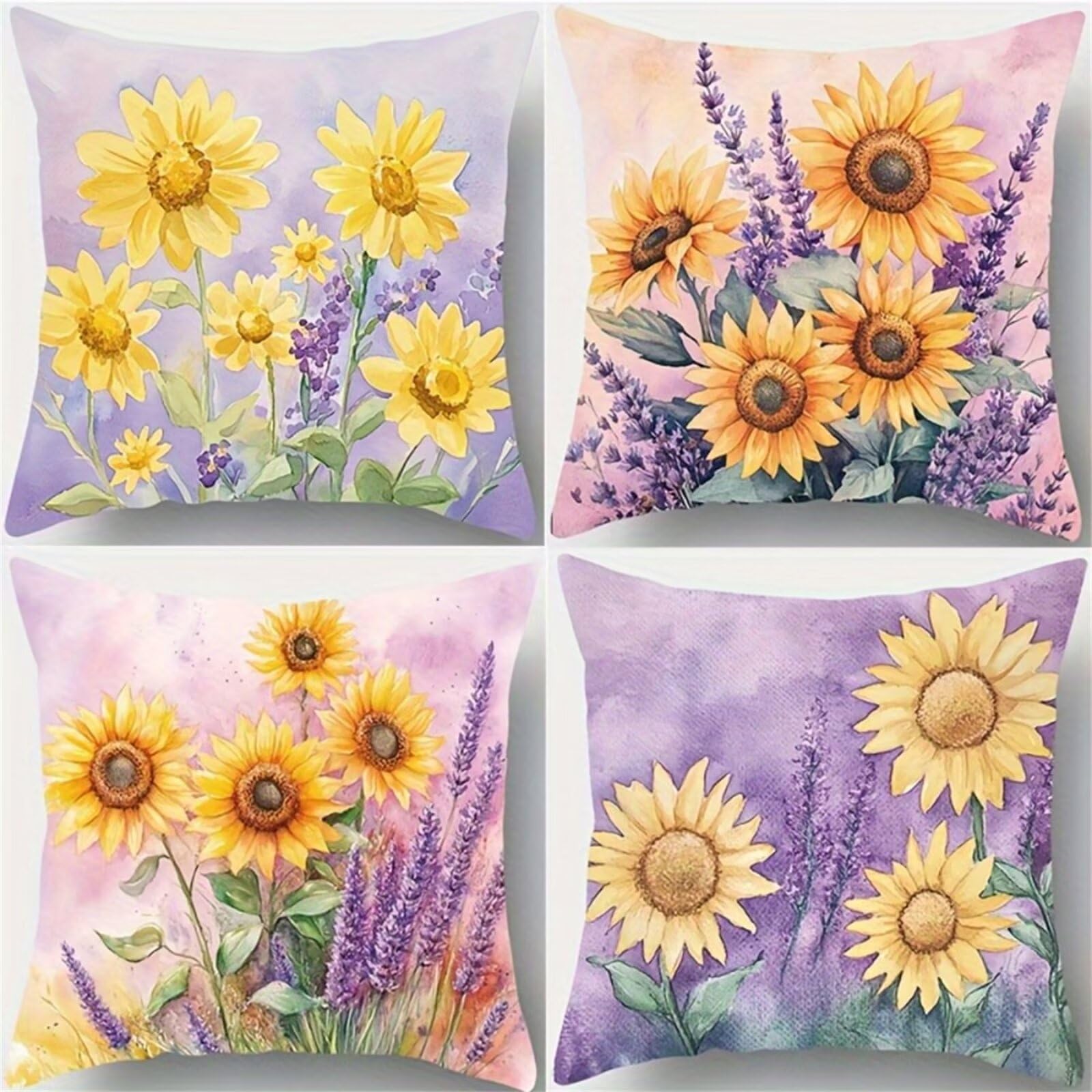 Heaen Outdoor Cushions Covers Waterproof 55x55 cm Set of 4 Square Linen Pillow Cases Sunflower Lavender Decorative Dushions for Sofa Porch Patio Home Decor
