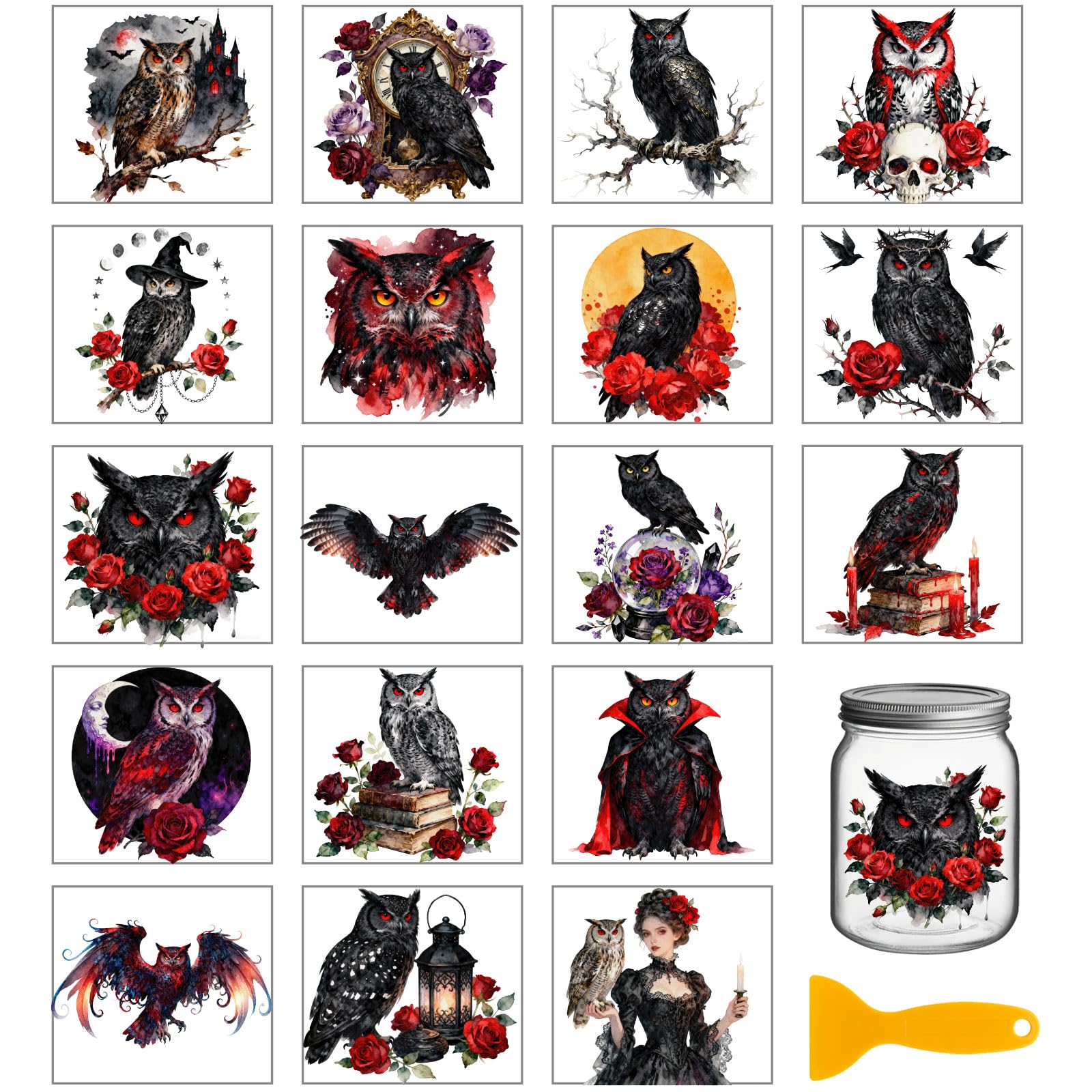GLOBLELAND 18 Sheets Gothic Owl Transfer Stickers 3.9x3.6inch Roses and Owl Rub on Transfer Stickers Colorful Decal for Furniture Vase Glass Mason Jar Decorations Art Crafts