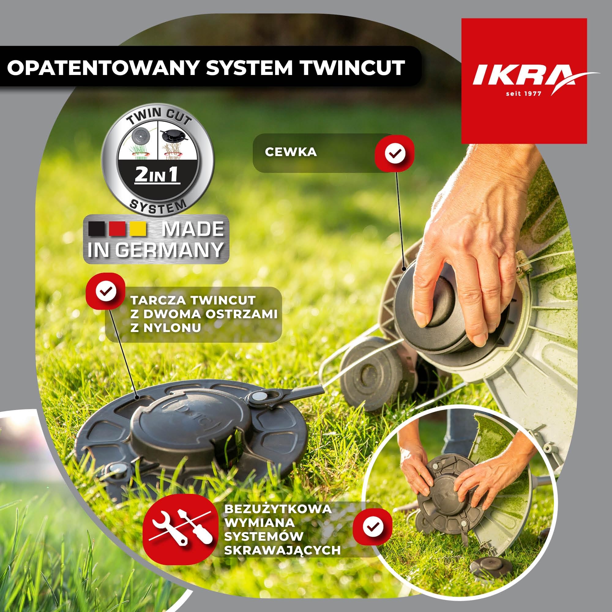 IKRA 2w1 Podkaszarka elektryczna IGT 650 D-TC,650W,szerokość cięcia 30cm | System TwinCut:zestaw z szpulą żyłki i nożem nylonowym,teleskopowa regulacja wysokości,rolka krawędziowa,ochrona roślin