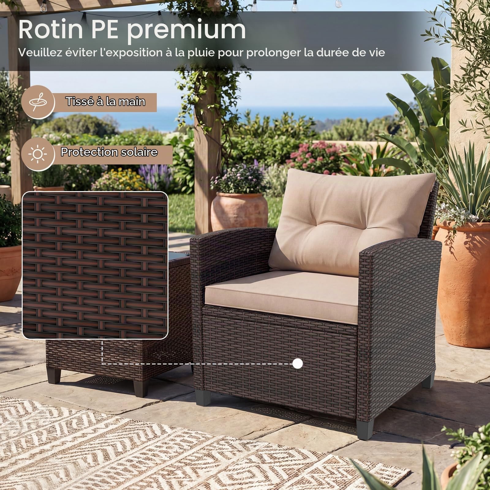 GIANTEX Salon de Jardin 2 Personnes en Rotin, Mobilier Jardin avec 2 Fauteuils, Coussins Amovibles, Table Basse Plateau en Verre Trempé, pour Balcon, Cour, Marron + Beige