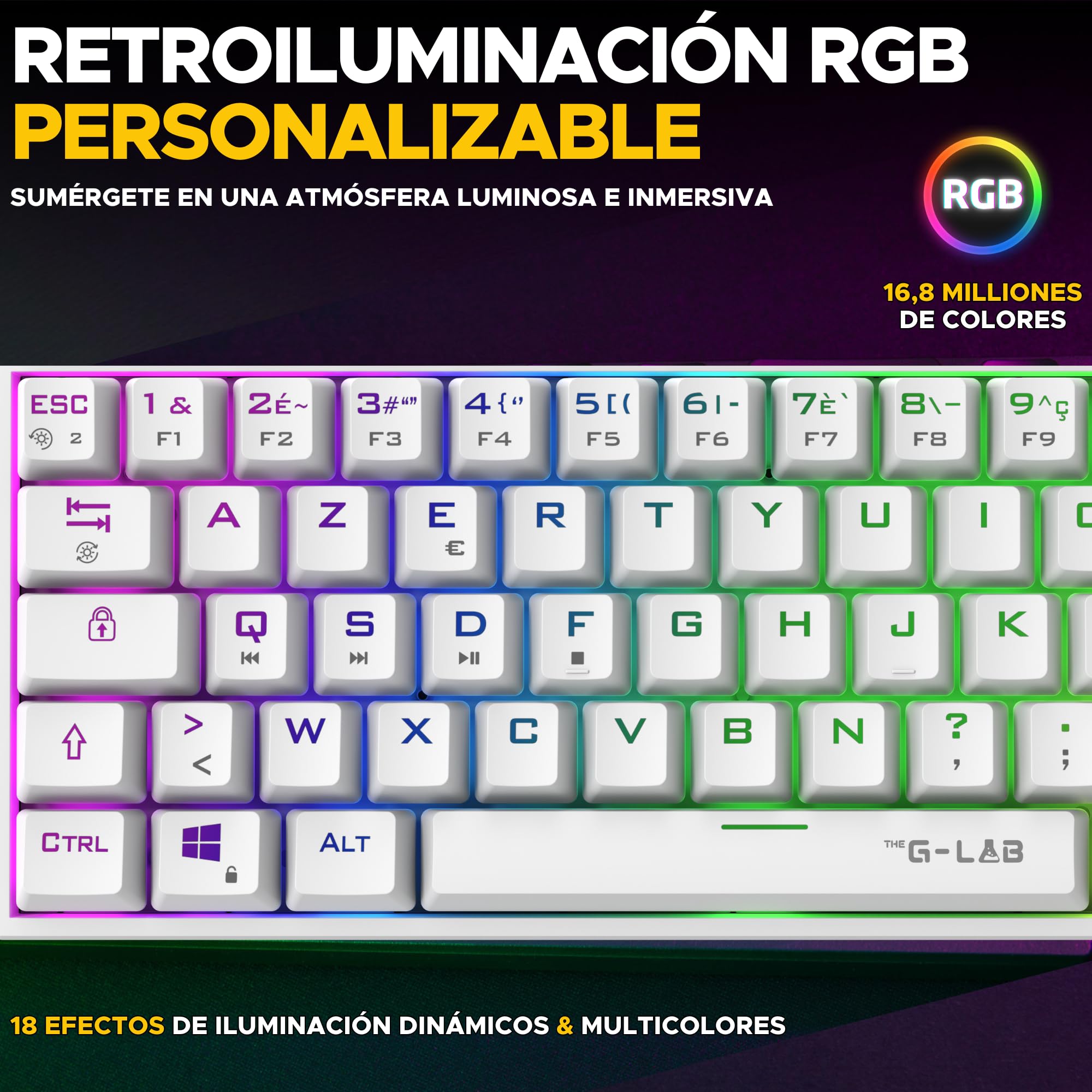 The G-Lab - Keyz Titanium - Teclado mecanico español 65% QWERTY, USB - Teclado gaming con Switch rojo, RGB personalizable, anti-ghosting, macros programables - Para PC, PS4, PS5, Xbox - Nuevo (Blanco)
