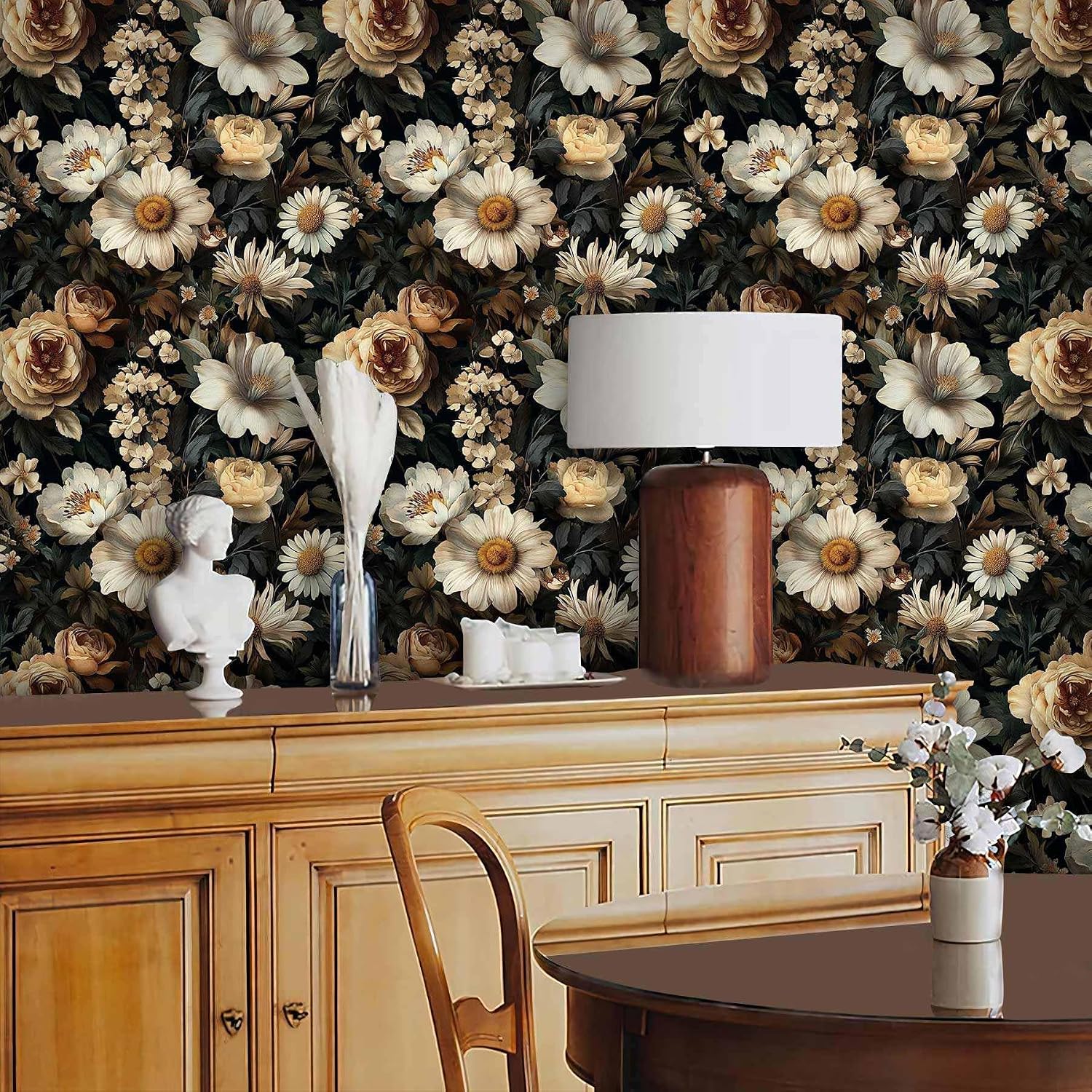 Vintage Floral Peel and Stick Wallpaper, Dark Botanical Wallpaper for DIY Home Decor | Self Adhesive Vinyl 17.7in x 236in