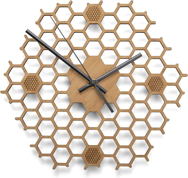 BU Products Natural Wooden Honeycomb Wall Clock with Non Ticking Silent Sweep