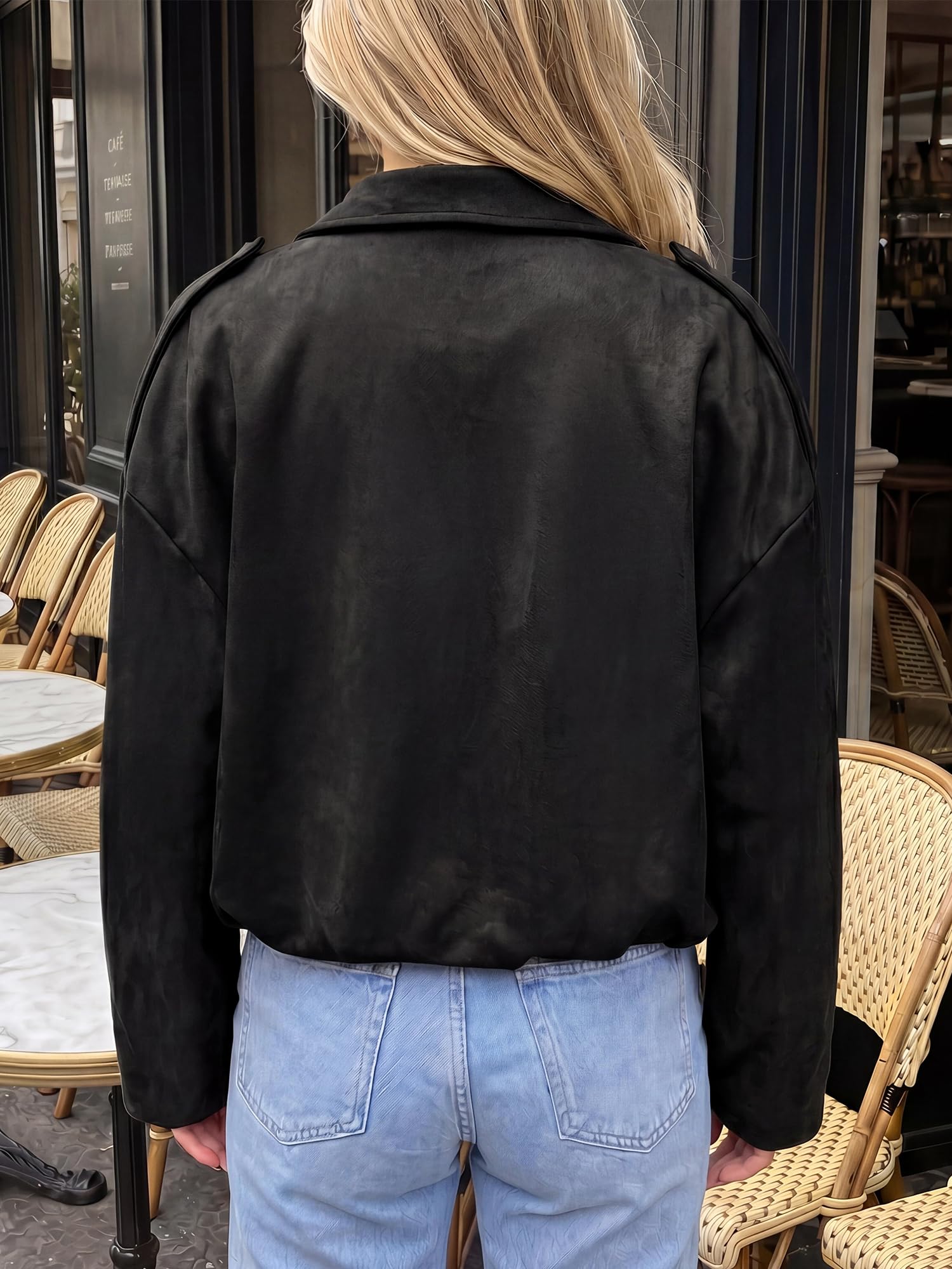 Allegra K Blouson bomber zippé en daim synthétique pour femme | Vestes de moto surdimensionnées décontractées en cuir à manches chauve-souris à revers de printemps