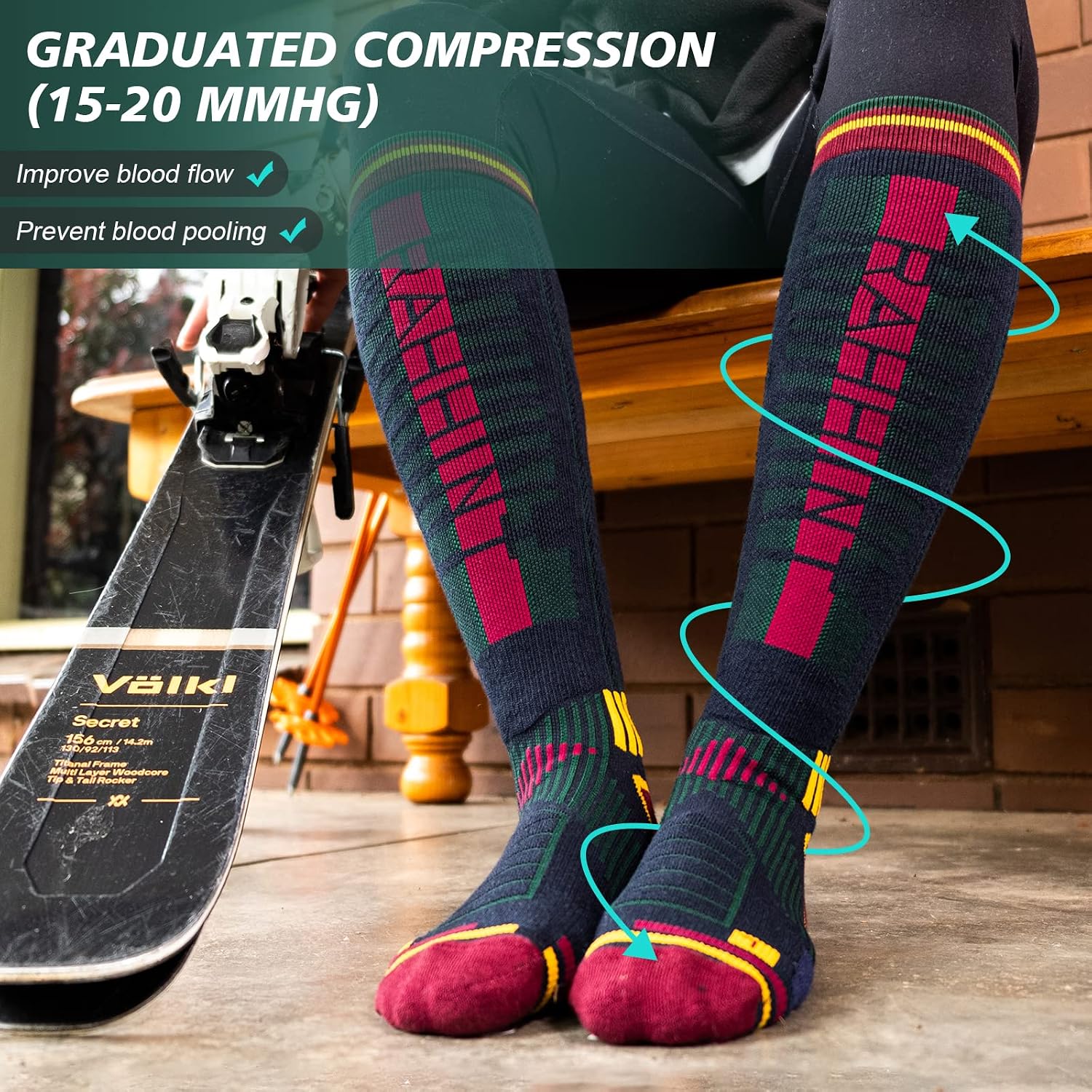 Rahhint Merino Wool Ski Socks 2-Pack, Compression Knee High Thermal Socks Womens Mens for Skiing Snowboarding Cold Weather