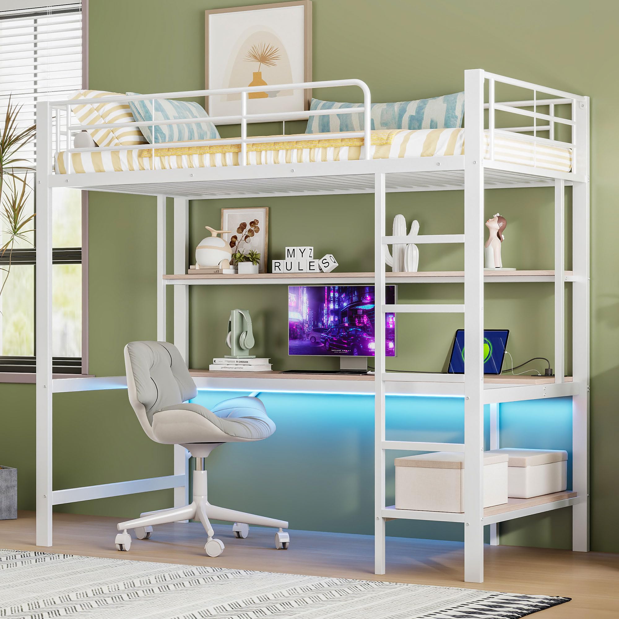 Zepneiy Lit Mezzanine 1 Place avec LED et USB, lit Mezzanine avec Bureau et Plusieurs étagères,Lit Superposé Enfant 90x200 avec échelle et Balustrade, Blanc (sans Matelas)