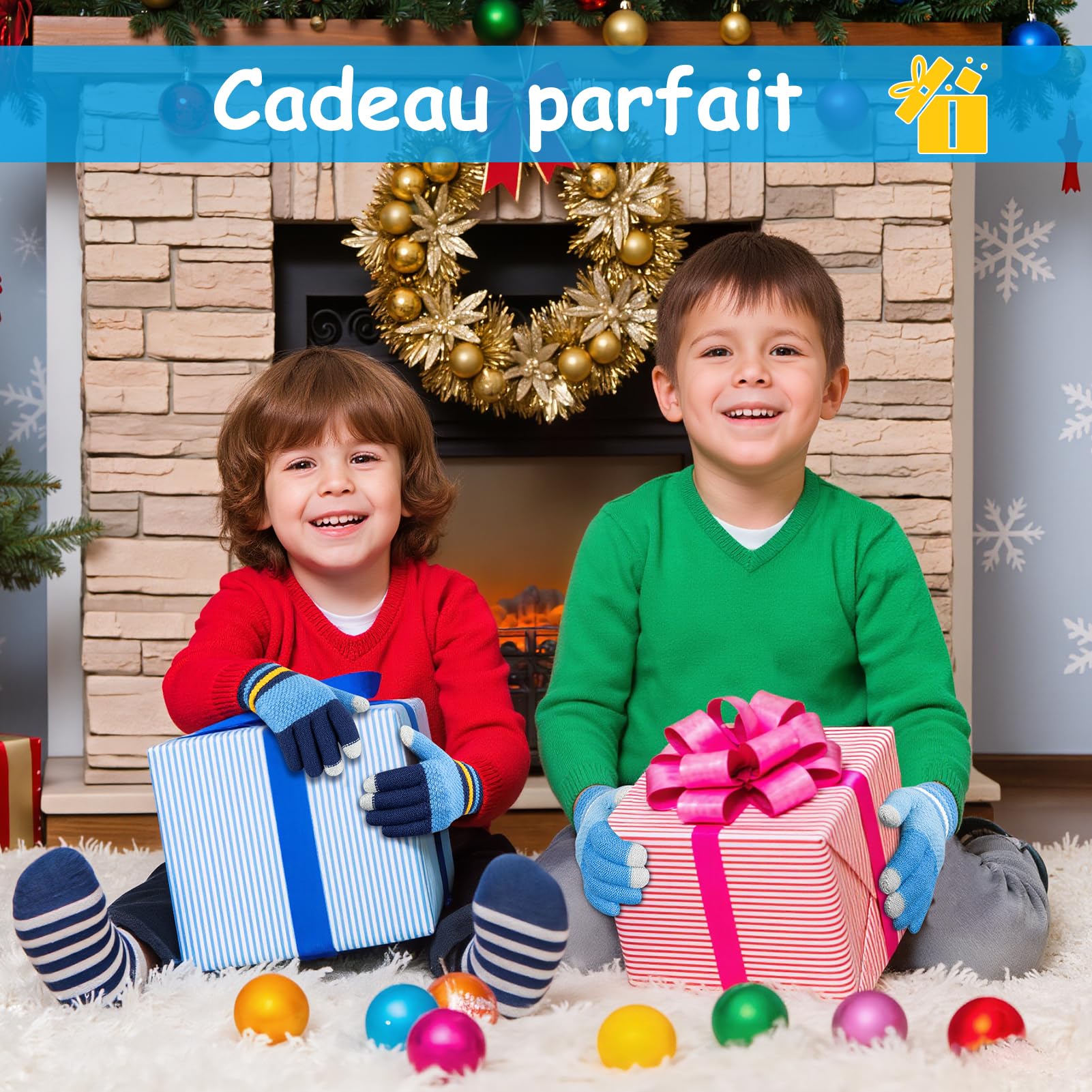 Kiiwah 3 Paires Gants Tricotés Chauds pour Enfants, Doigts Complets Thermique, Garçons 7-9 Ans (Bleu, Marine, Gris)