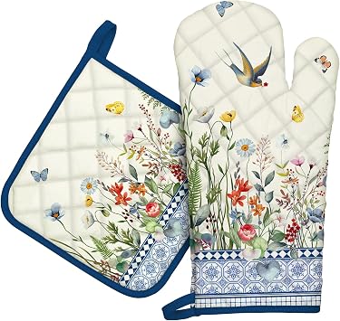 Retro Wildflowers Oven Mitts and Pot Holders Sets 100% Cotton Heat Resistant, Extra Long Oven Gloves Potholder for Kitchen Cooking Baking Decoration, Housewarming Gifts for Mom