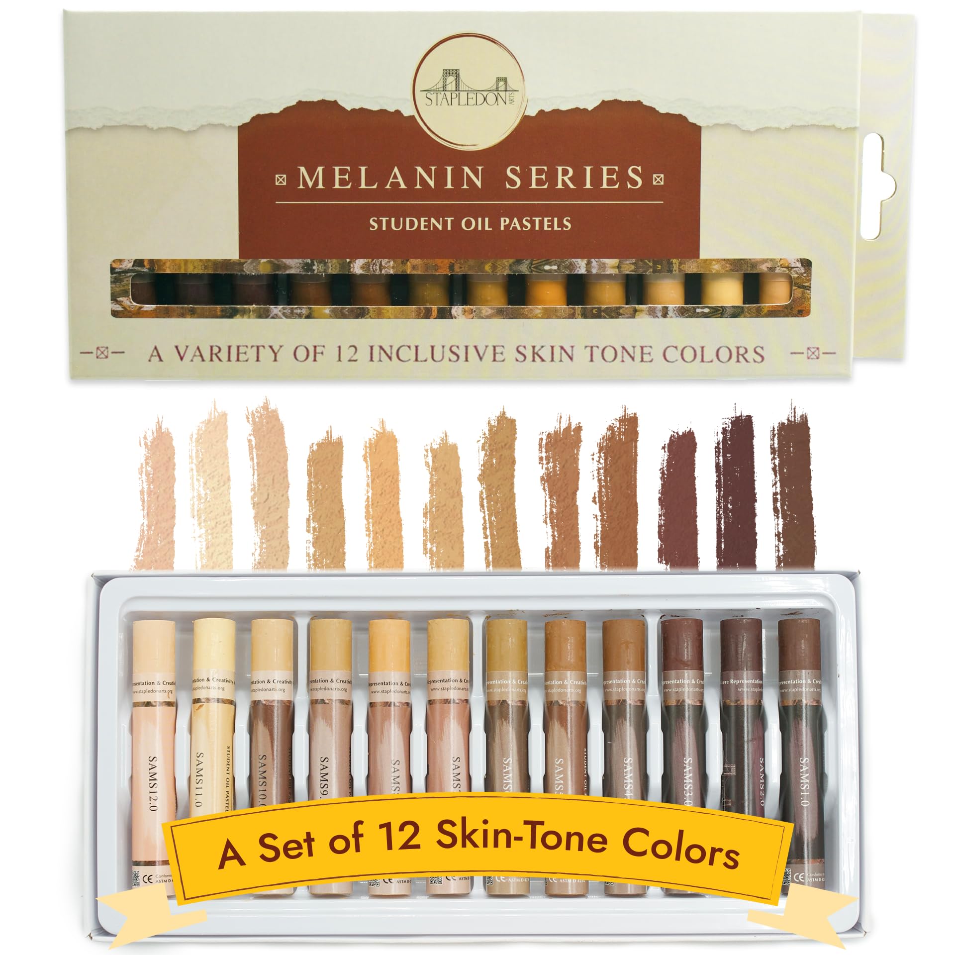 STAPLEDON ARTS Melanin Series Skin Tone Oil Pastels for Artists (12 pcs) – Student-Grade Inclusive Skin Colors - Smooth & Blendable Texture - For Students, Educators & Emerging Artists