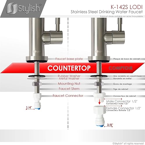 Miniatura 26 de Stylish Grifo de agua potable Cartucho de núcleo de cerámica de acero inoxidable, mango único, arco alto, rotación de 360 grados, grifo de ósmosis