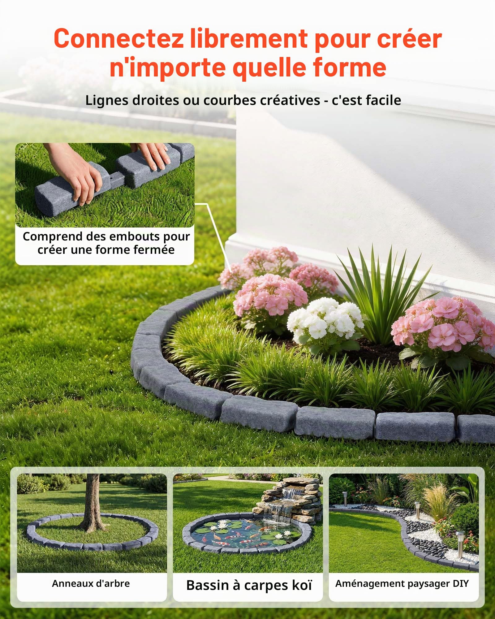 VEVOR Bordure de Jardin Imitation Pierre 4,7 m Bordure Parterre Aspect Pierre Plastique pour Pelouse Allée, Lot de 4, 6 Briques par Section 1180x95x57 mm, 12 Piquets, 1 Embout, sans Creuser, Gris Grès