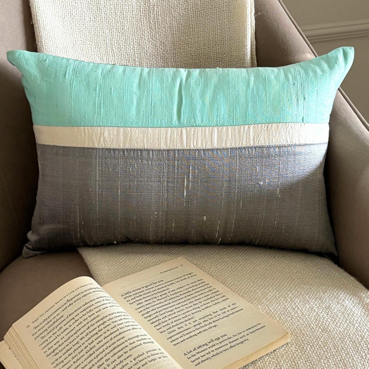 The HomeCentric Aqua 12"x16" (30x40 cm) Lumbar Pillow Cover, Silk Color Blocking & Patchwork Oblong Pillow, Modern Pattern Striped Style - Plush Aqua Silk