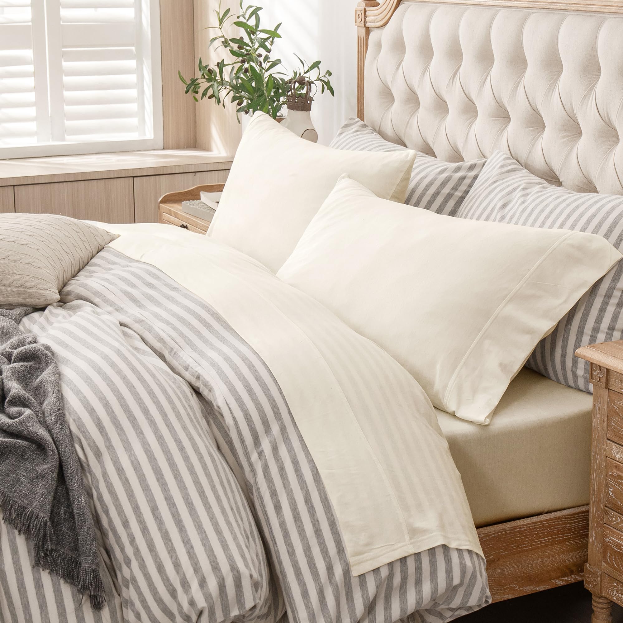 PURE ERA Jersey Knit 3pc Bed Sheet Set 100% T-Shirt Cotton Super Soft Comfy Breathable Fits Mattress Up to 20" Extra Deep Pocket (Solid Creamy White, Queen)