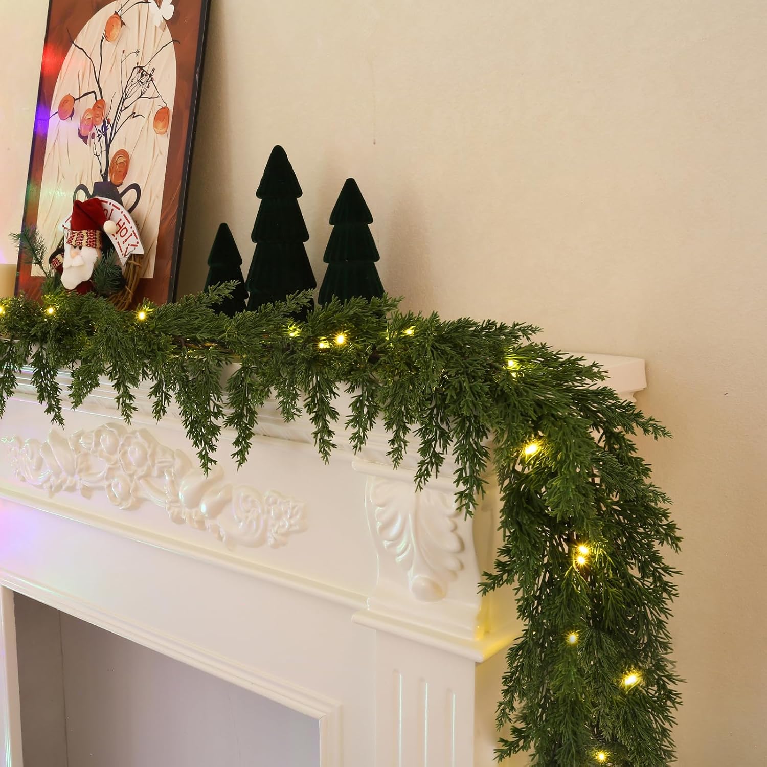 Breeze Touch 6FT Christmas Garland Real Touch Prelit Cedar Greenery Garland with Lights, Realistic Cedar Garland for Mantel, Fireplace, Stairs Railing, Table Decor and Indoor Christmas Decorations