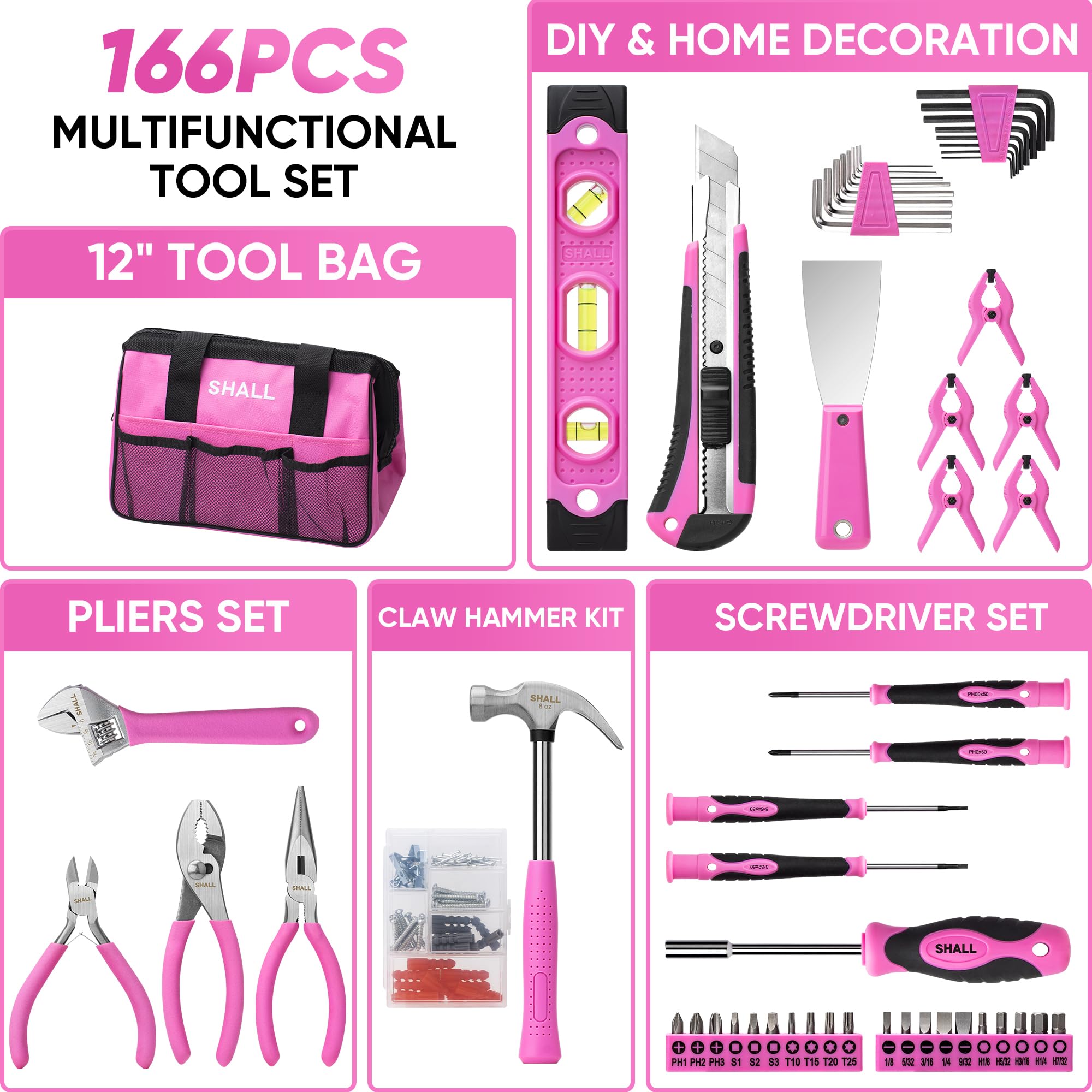 SHALL Kit di attrezzi rosa da 166 pezzi per la casa, cassetta degli attrezzi rosa con set di attrezzi per fai da te e kit di attrezzi per auto, regalo ideale per donne, ragazze e tuttofare a casa