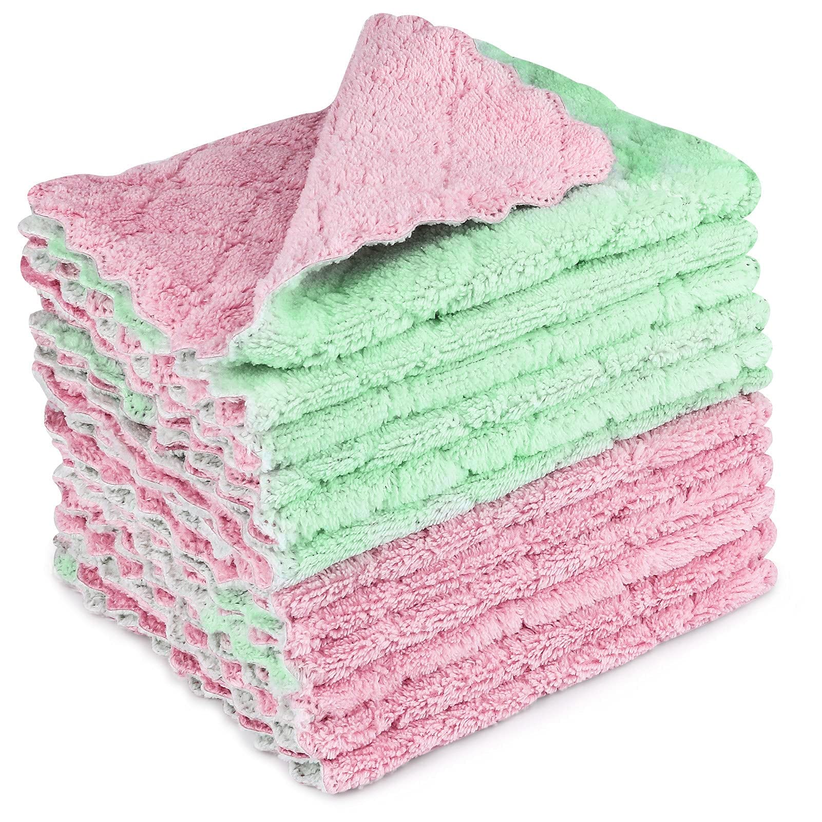 FGSAEOR Kitchen Dishcloths Premium Dish Cloths, Reusable Dish Cellulose Sponge Cloths, Super Absorbent Coral Fleece Cleaning Cloths, Washable Fast Drying Towels 12Pack (Pink/Green)