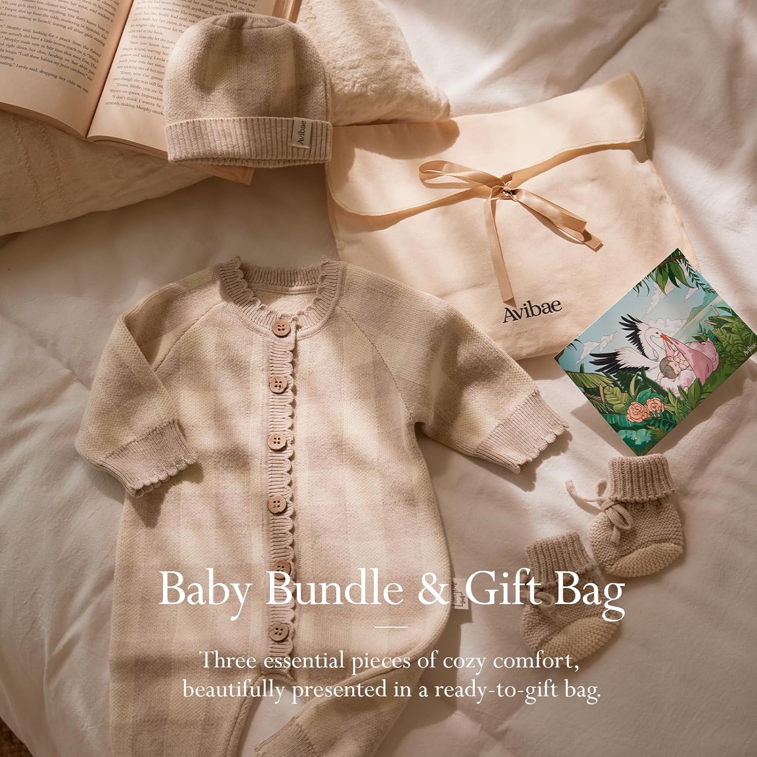 Avibae 3-Piece Cotton Newborn Baby Set with Knit Romper, Hat, Booties for Boys and Girls,Long Sleeve Cute Infant Outfit