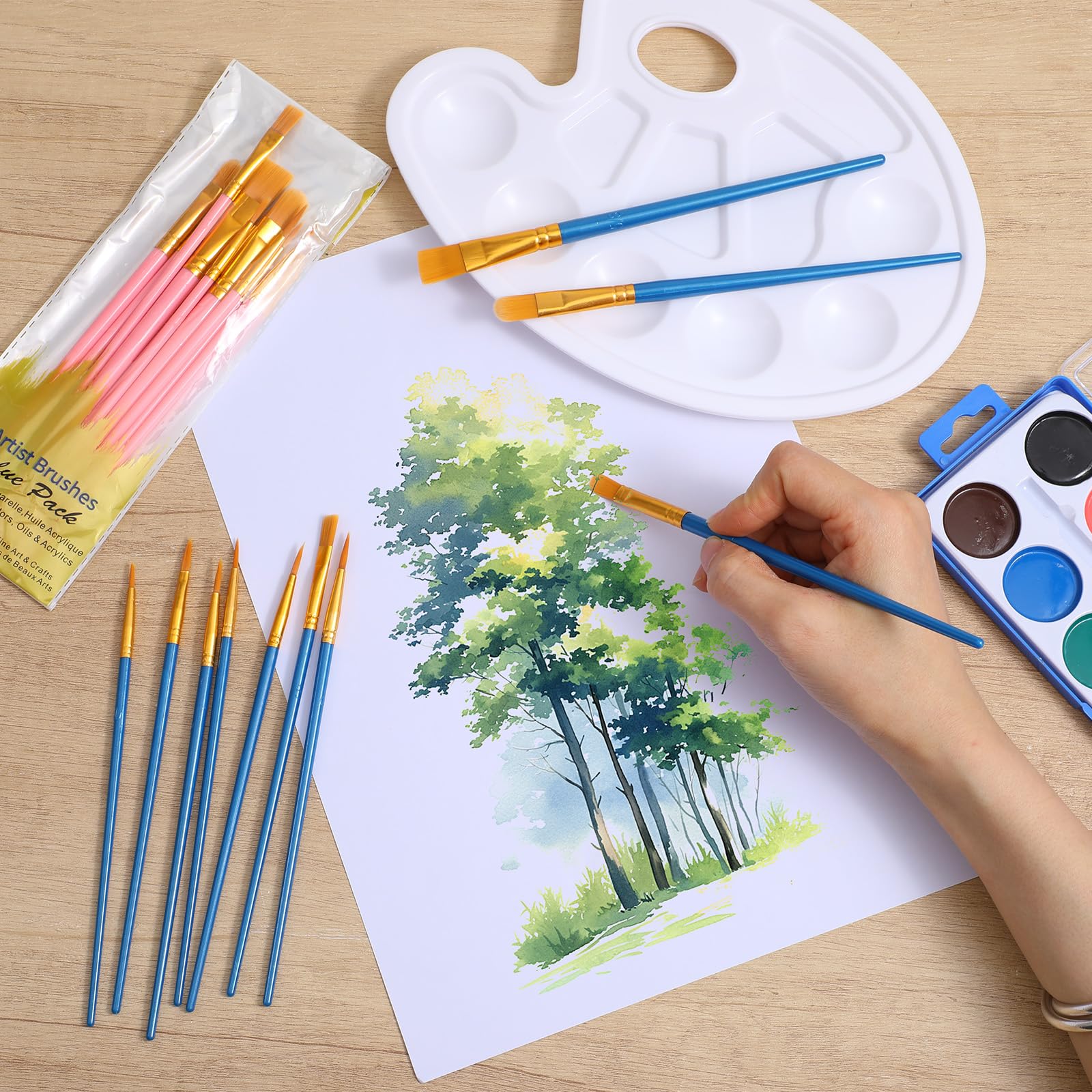 Lot de 220 palettes de pinceaux de peinture, 20 paquets de 200 pinceaux et 20 palettes, tête de pinceau en nylon, convient pour l'aquarelle à l'huile, etc., ensemble de peinture artistique parfait